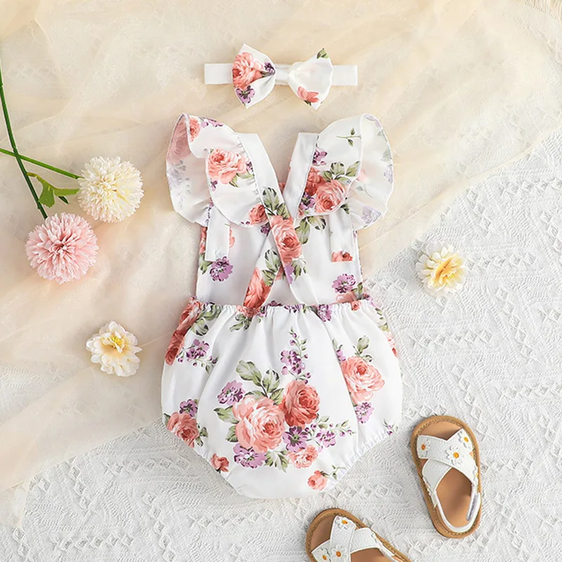 Baby Cute Triangle Sweetheart 2023 Baby and Toddler Summer New Print One Piece+Headband Two Piece Set