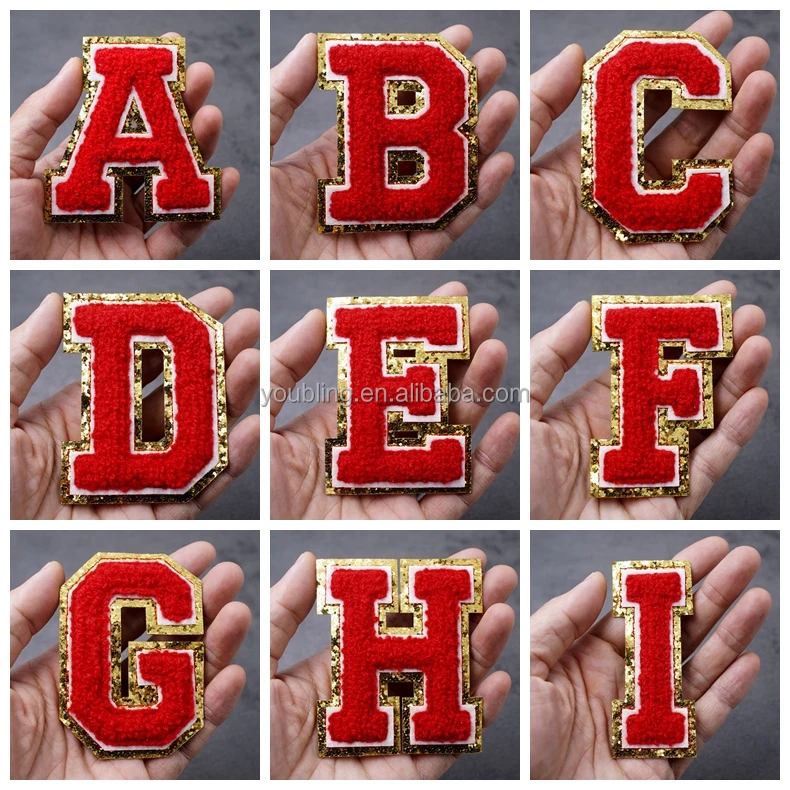 Fashion Style 8CM Height Chenille  Red  Glitter English Letters Iron on Patches For Clothing Letter Embroidery Clothes Applique