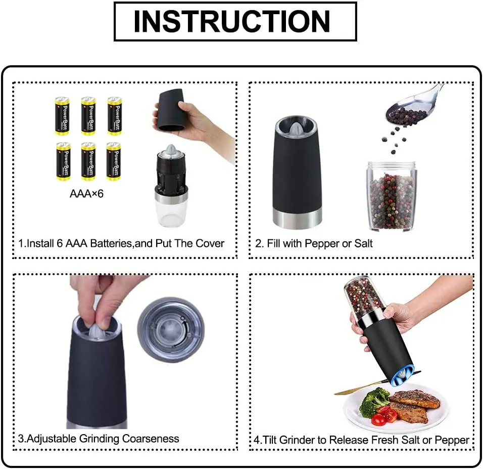 Gravity Battery Operated manual electric Pepper Mill automatic salt and pepper grinder set with lights