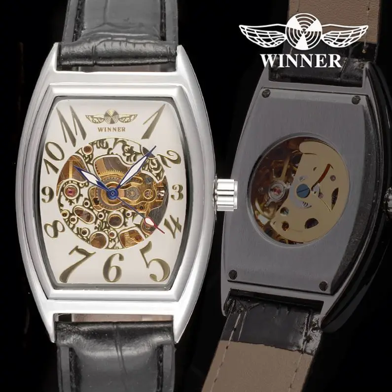 Механические Мужские часы WINNER 8025 Прямая поставка черные с красивым ремешком из искусственной кожи водонепроницаемые полностью автоматические маленькие наручные часы-скелетоны