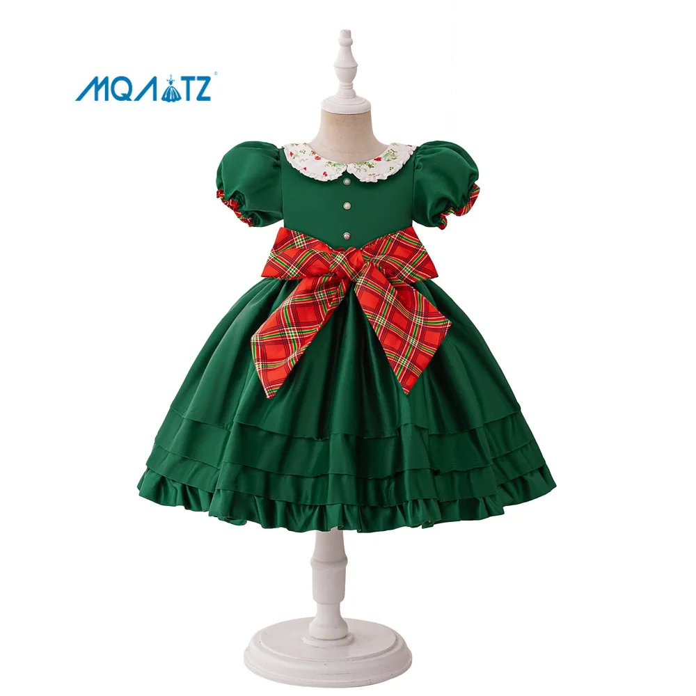 MQATZ Mini Christmas Sleeveless Princess Dress Satin Puff Sleeves Baby Doll O-Neck Collar Flower Girl with Bow SD097