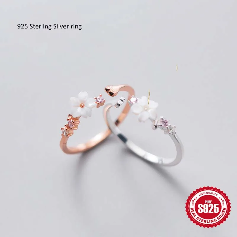 Dainty 925 Sterling Silver White Shell Flower Shape Adjustable  Cherry Blossom Ring Fresh Sweet Wedding Rings Fine Gift Ring