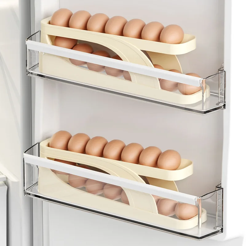 New Arrival 2 Tier Kitchen Automatic Rolling Egg Food Grade Multi-layer Egg Carton Plastic Kitchen Refrigerator Storage Box
