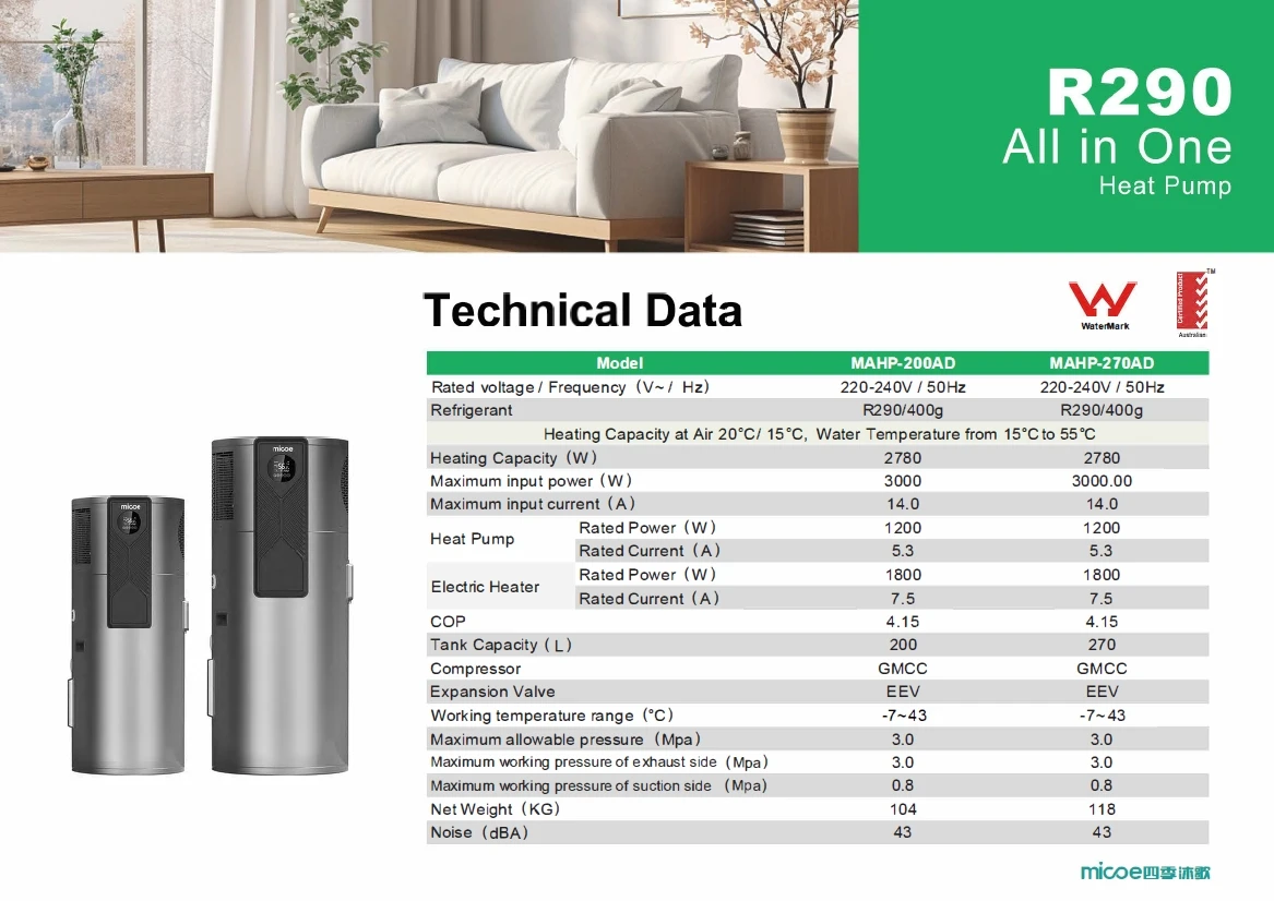 Micoe R290 тепловой насос все в одном водяной WIFI контроль водонагреватель 75Deg 120-300L резервуар для