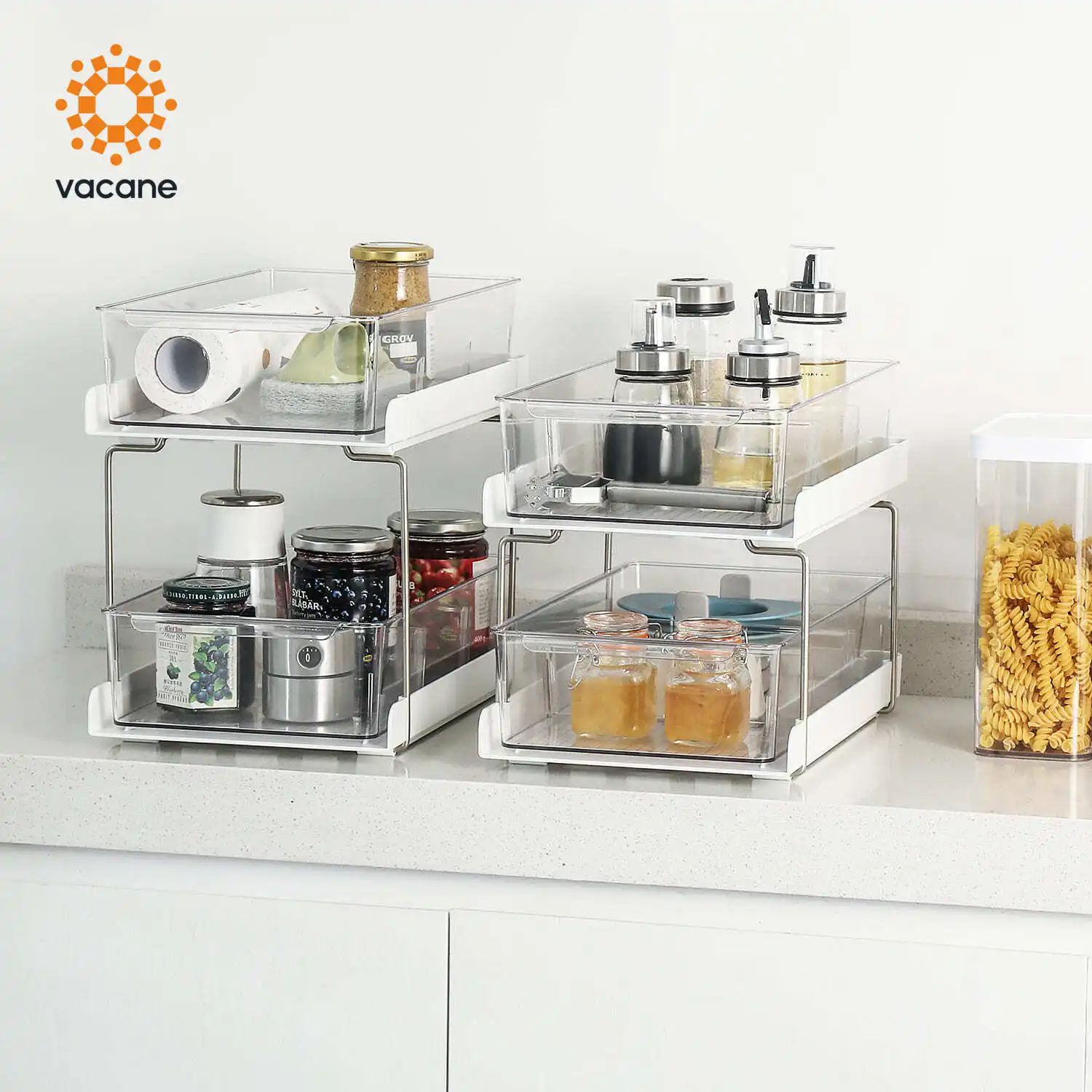 Vacane Fashion Design Utility Shelf Collapsible Rack 2 Layers White Kitchen Bathroom Plastic Under Sink Cabinet Organizer