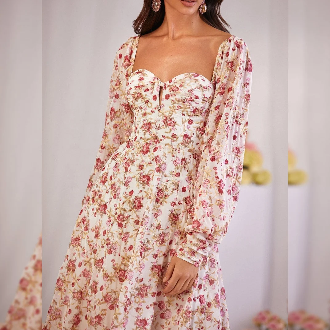 Romantic Lace-up Back Ruched Cups A-line Skirt Long Sleeves Floral Midi Dresses Big Swing Holiday Beach Casual Dress
