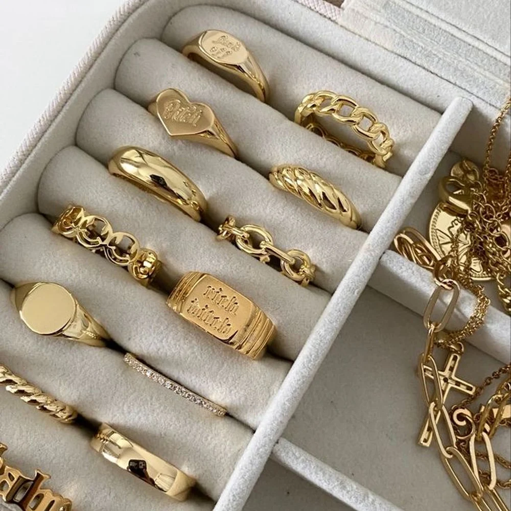 Customized Waterpoof 24K 14K18K Gold Plated American Stainless Steel Couple Ring Bulk Steel Gold Cuban Link Chain Rings Jewelry