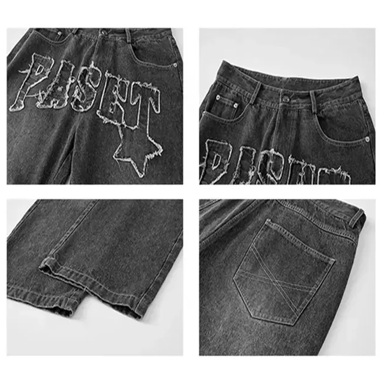 ZY Custom Logo Acid Wash Men Jeans Wide Leg Baggy Jeans Embroidery Patch Denim Pants Trousers for Men