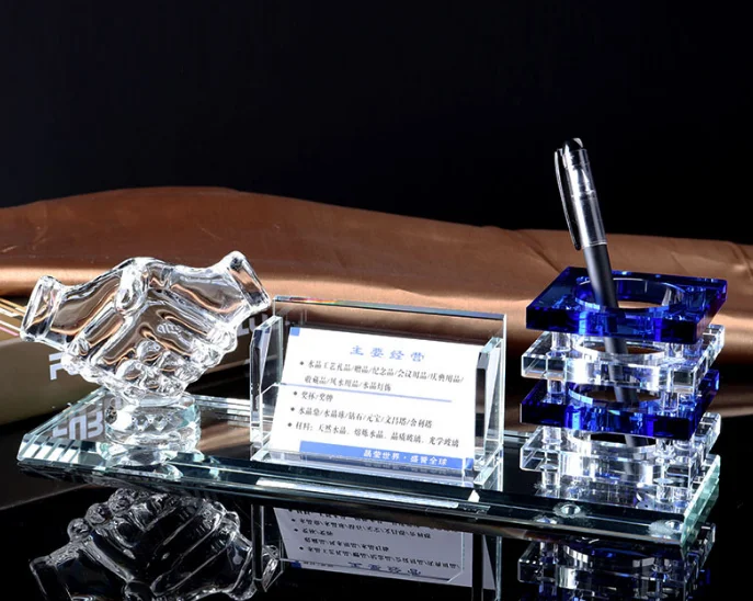 Hot  selling Crystal handshake pen holder business card frame three piece set of crystal desktop ornaments with high quality