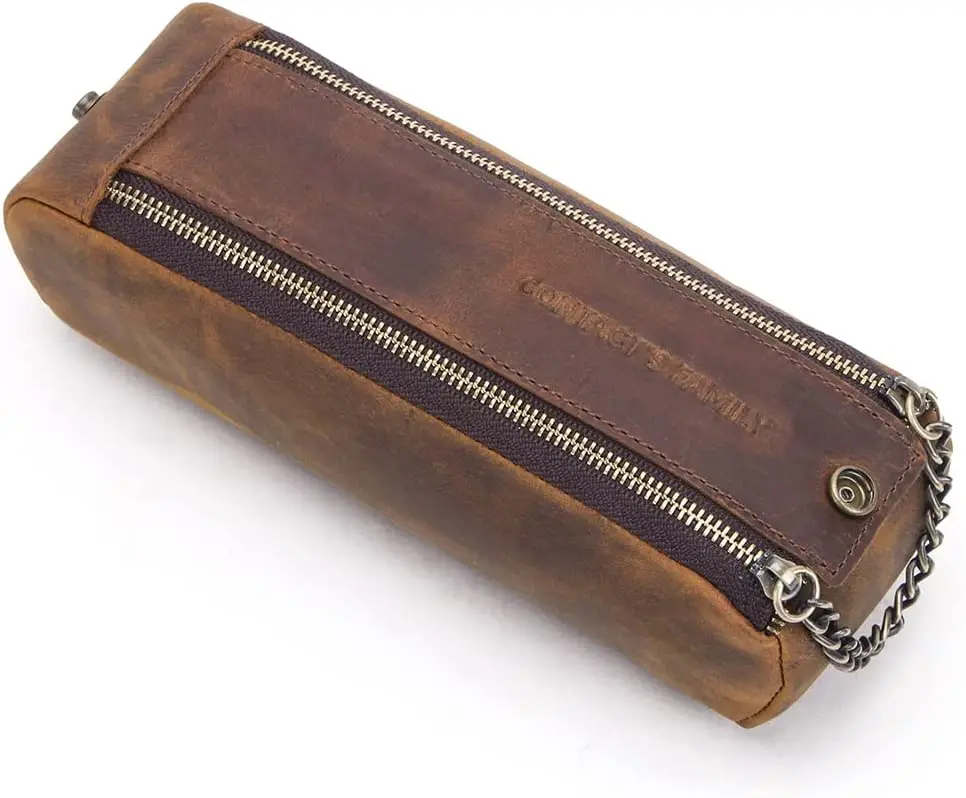 Genius Leather Pencil Case - Double Zippered Pen Pouch for School, Work and Office