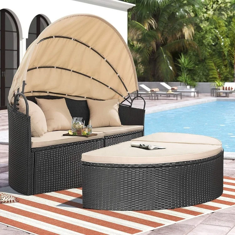 Outdoor with Canopy Set Wicker Tanning Rattan for Two Round Oversized Daybed Relaxing Sunbed
