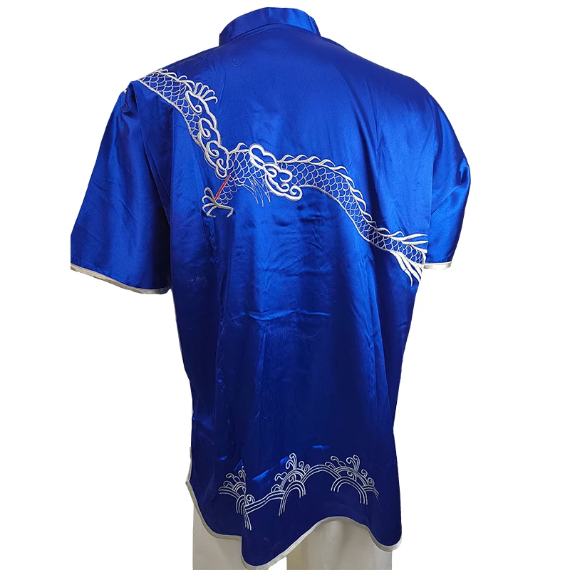 Chinese Traditional Dragons Embroidery Comfortable Soft Touch White Blue Irregular Kungfu Wears