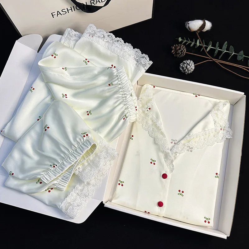 S0128R  Summer thin ice silk three-piece suit Internet celebrity cherry high-grade ladies home clothes