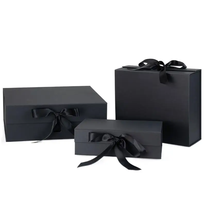 Custom personal logo magnetic black box ready to ship large black luxury gift boxes for gift sets with ribbon