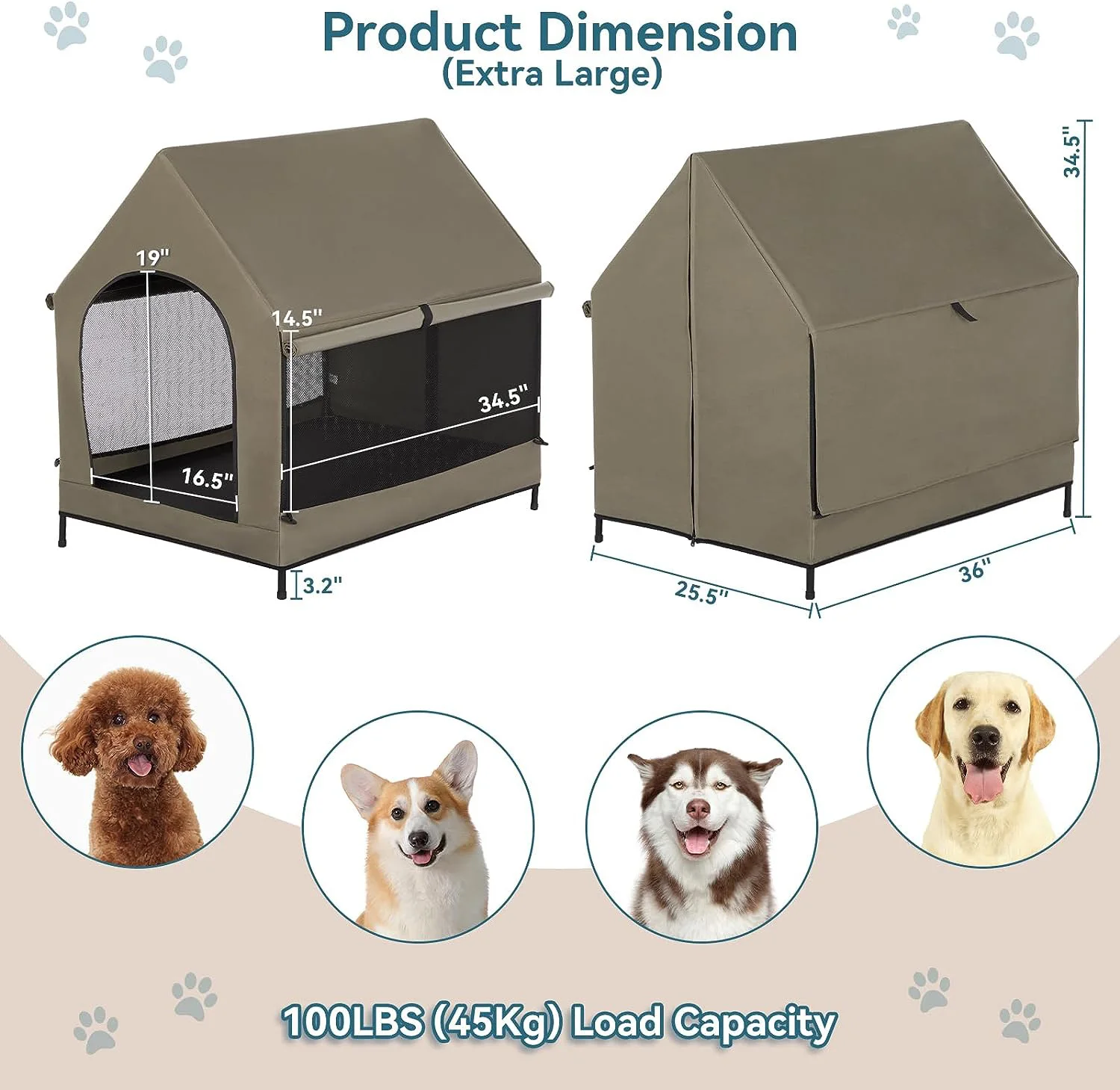 Steel Frame Elevated Dog House Pet Shelter With Waterproof Cove Door For Small Medium Dogs Shelter With Air Vents