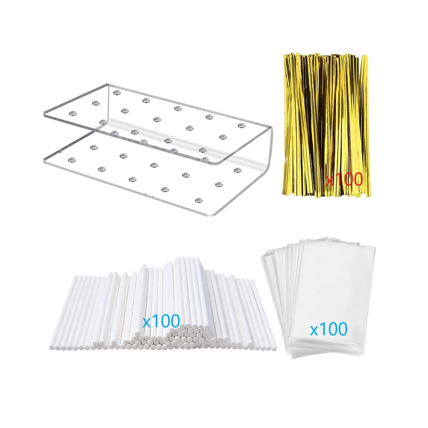Lollipop Holder Cake Pop Stand Display with Clear Treat Bags Lollipop Sticks Gold Metallic Twist Ties for Candy Cake Pop Making