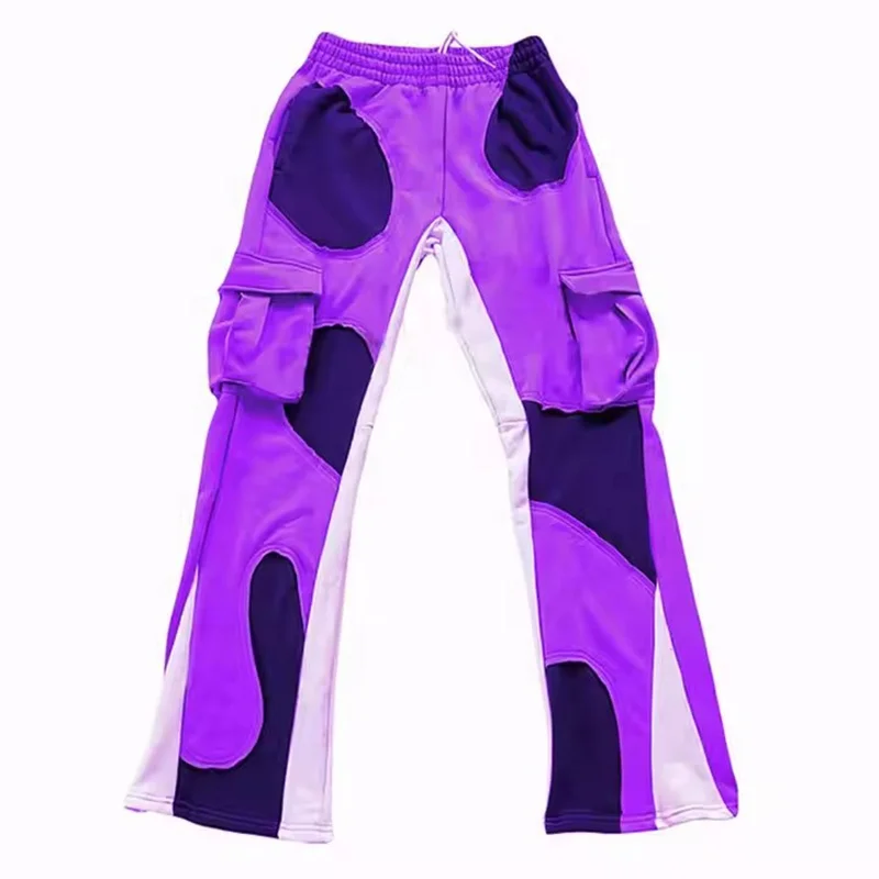 Rainbow Spray Custom French Terry Cotton Sweatpants Embroidered Patch Pants Jogger Cut And Sew Flare Sweat Sweatpants