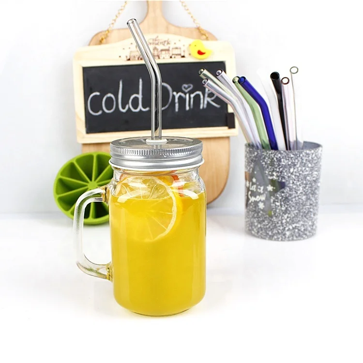 Hot selling  glass mason jar with handle tin lid and straw for juice drinking 450ml
