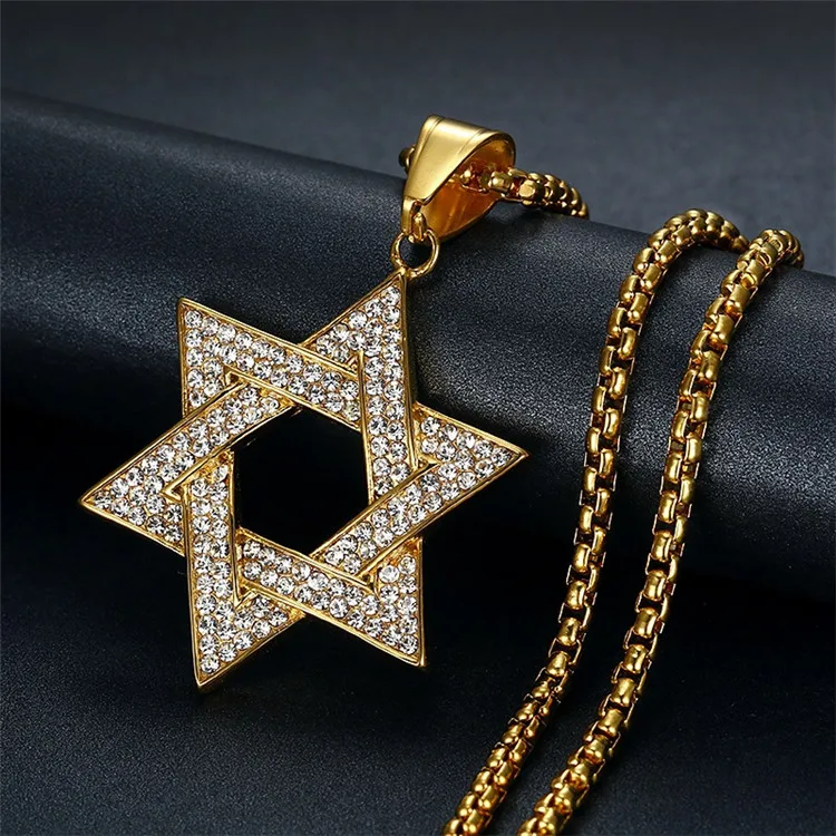 Unisex Hip Hop Gold Plated Pave Diamond Stainless Steel Star of David Pendant Necklace