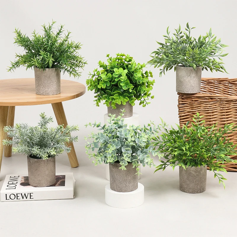 Amazon Hot Sale Mini Potted Craft Eucalyptus Green Plants Plastic Rosemary for Home Decoration Artificial Plant Flowers Faux