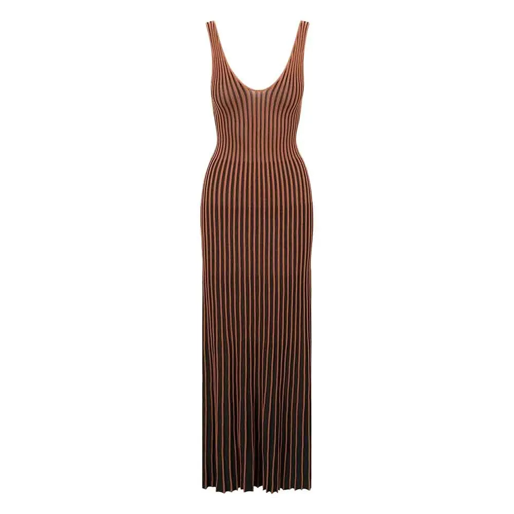 Knitwear Manufacturer Custom Sleeveless Midi-length Dress Rib Knit Slip-on Dress Deep V Neckline Knitted Dresses For Women