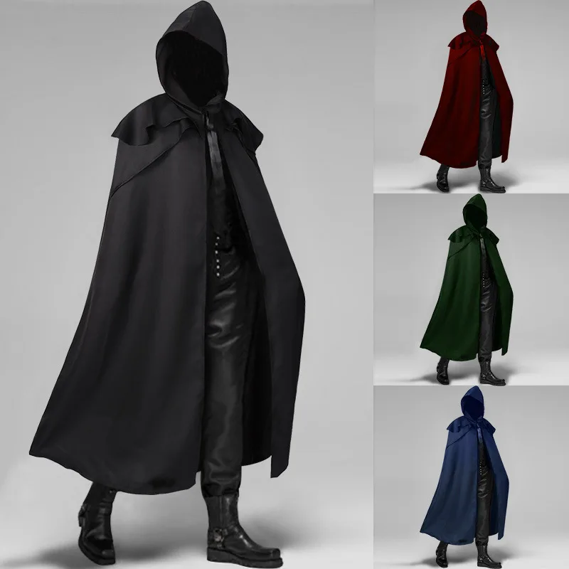 Men Cloak Hooded Medieval Monk Costume Solid Windproof Mens Trench Coat Gothic Wicca Wizard Cape Halloween Death Mantles
