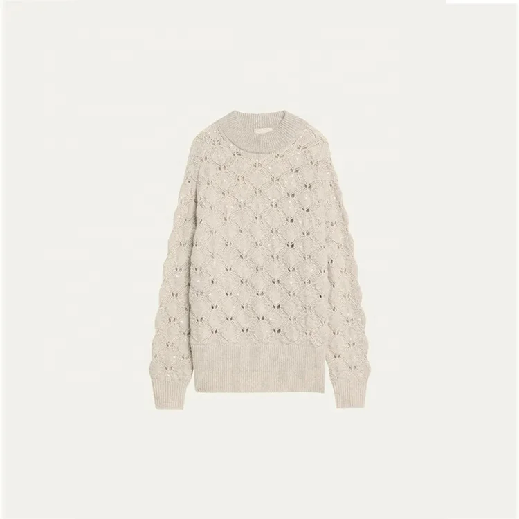 Knitwear Manufacturer Custom White Crew Neck Long Sleeve Women Wool Cashmere pullover Sweater