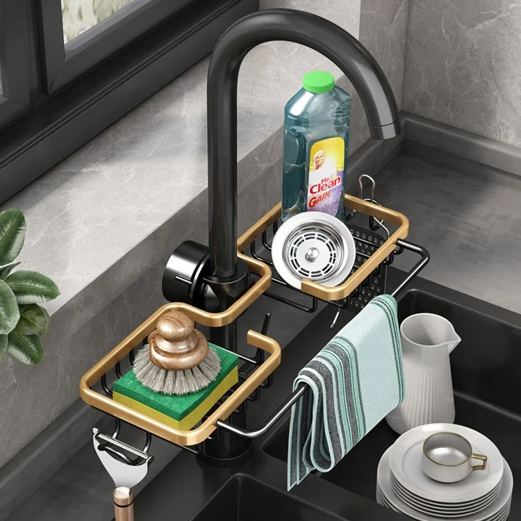 Kitchen Space Aluminum Sink Drain Rack Sponge Storage Faucet Holder Soap Drainer Shelf Basket Organizer Bathroom Accessories