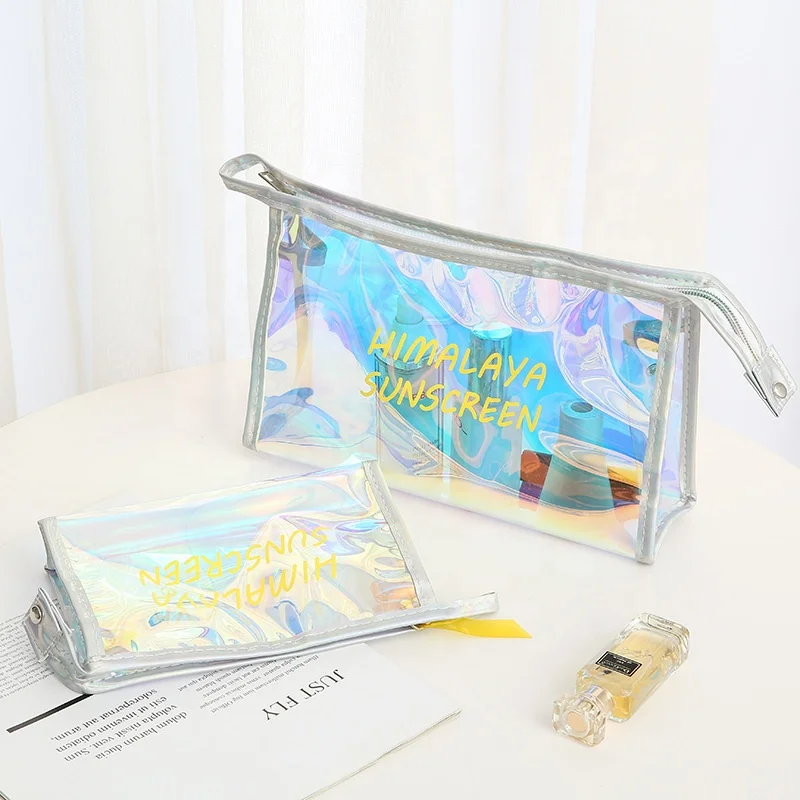 Custom Korean version large capacity holographic PVC magic color cosmetic bag portable zipper bag