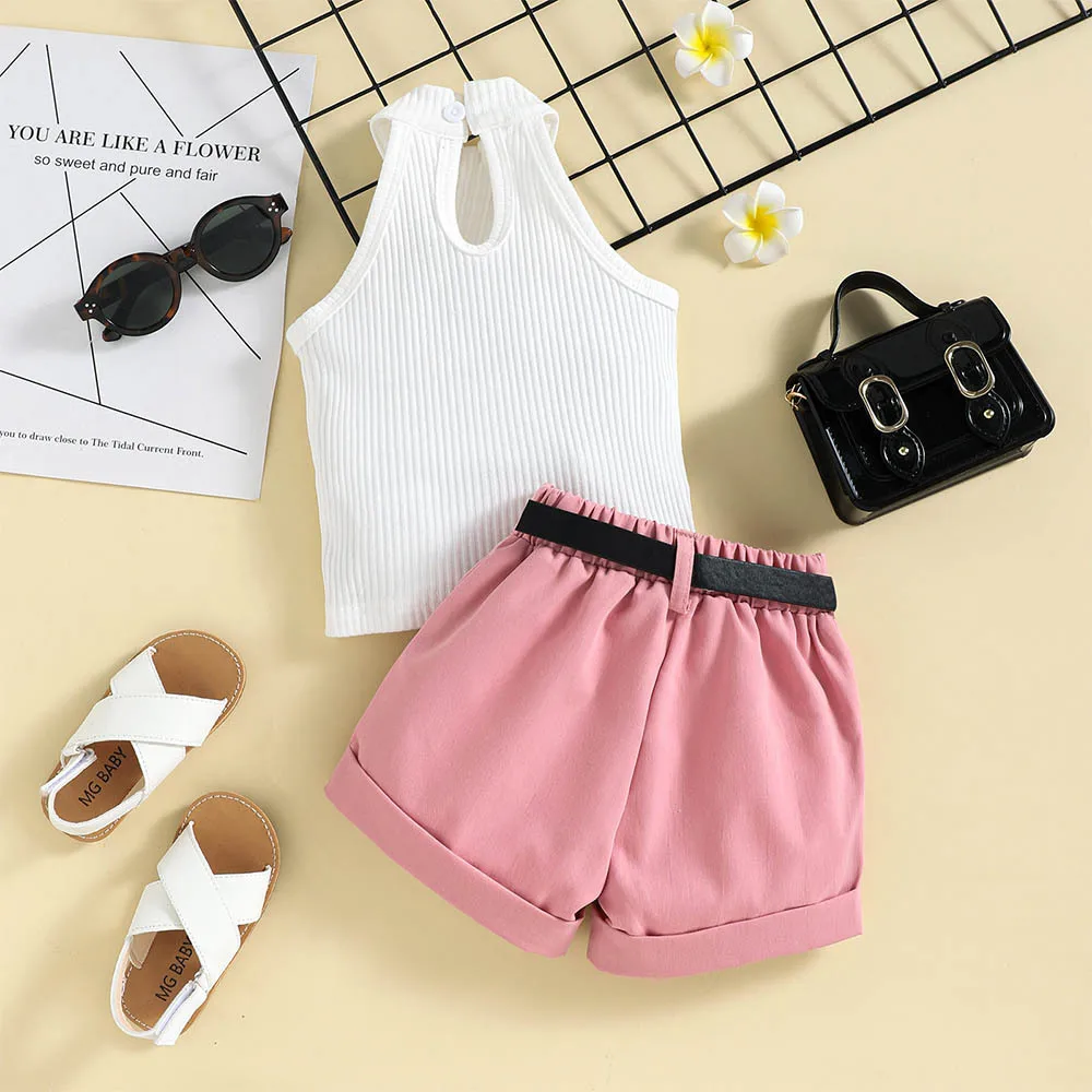 Summer New Design Children Strip Sleeveless Solid Color Clothes and Shorts Suit