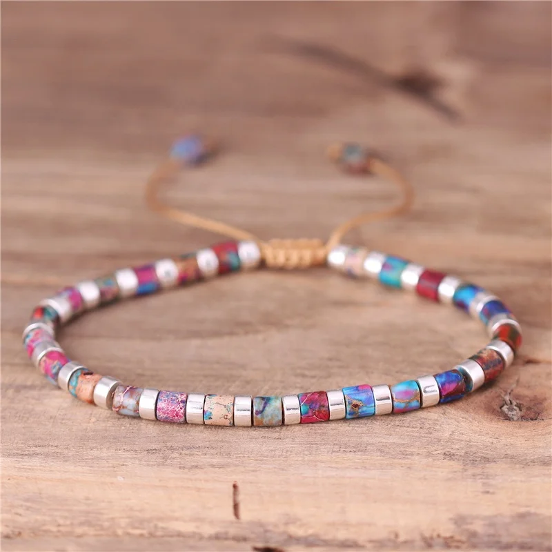 19 colors Minimalist 4x4mm Beaded Bracelet for Women Adjustable Healing 7 Chakra Rainbow Sea Sediment Jasper Jewelry Wholesale