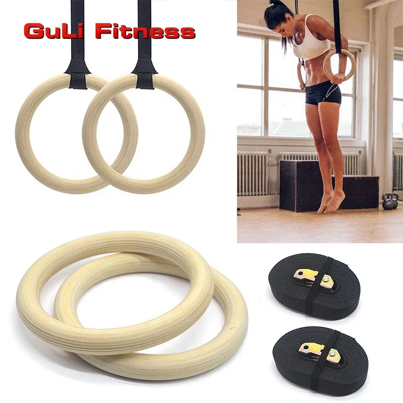 Guli Fitness Wooden Gymnastic Rings with Adjustable Cam Buckle Straps Pull Up Exercise Rings for Home Gym Body Workout