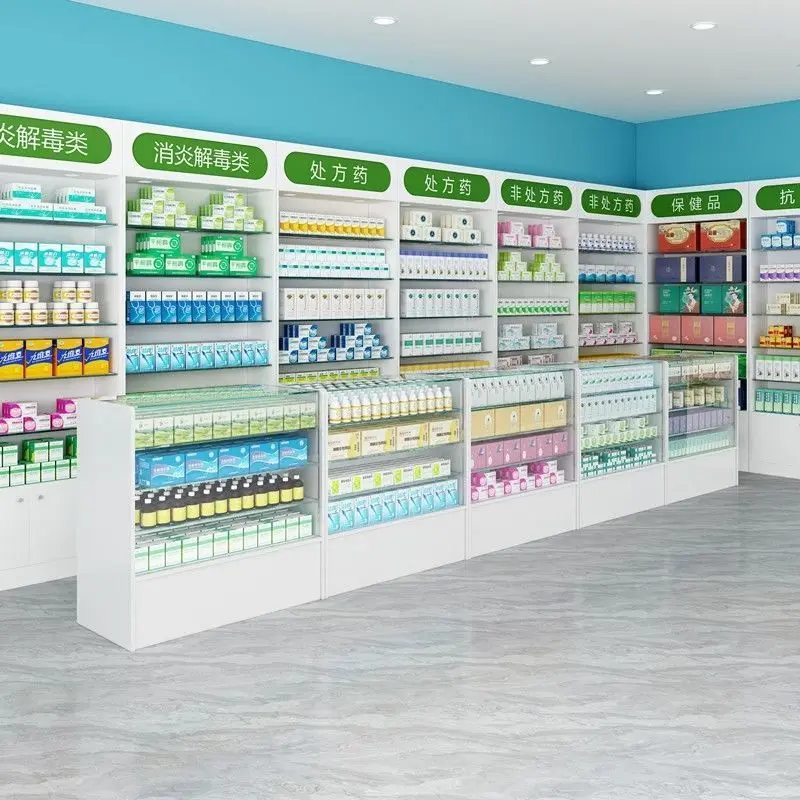 Commercial Medical Shop Wooden Glass Showcase Pharmacy Shop Counter Pharmacy Furniture Interior Design for Sale