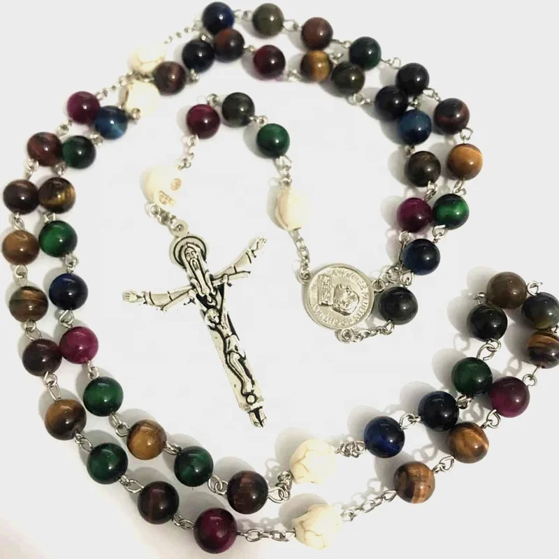 
Colors Tiger Eye & Silver Rose Prayer Beads ROSARY CROSS CRUCIFIX NECKLACE CATHOLIC 