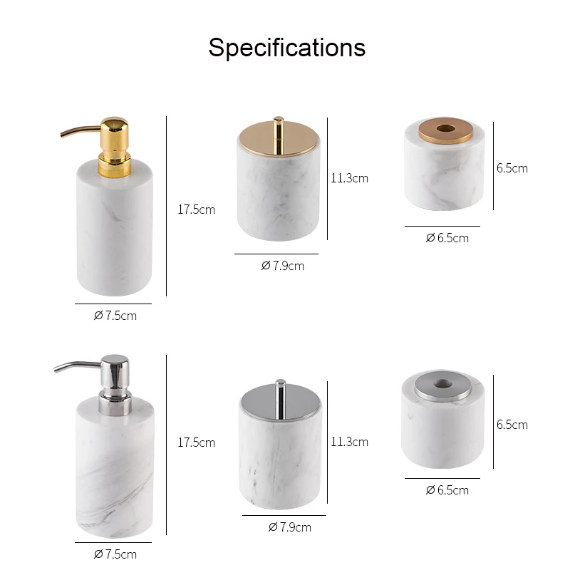 Wholesale 6 pcs white Marble stone with silver metal Bathroom accessory round set