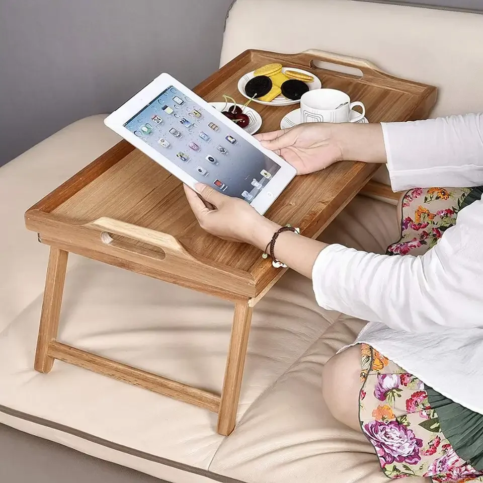 Bamboo Bed Trays for Eating Breakfast with Handles Folding Legs for Adult Kids Eating Snack and Laptops TV