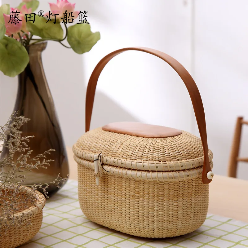 Camping Picnic Basket with Double Lids Storage Vine Basket Bamboo Rattan Weaving Storage Basket