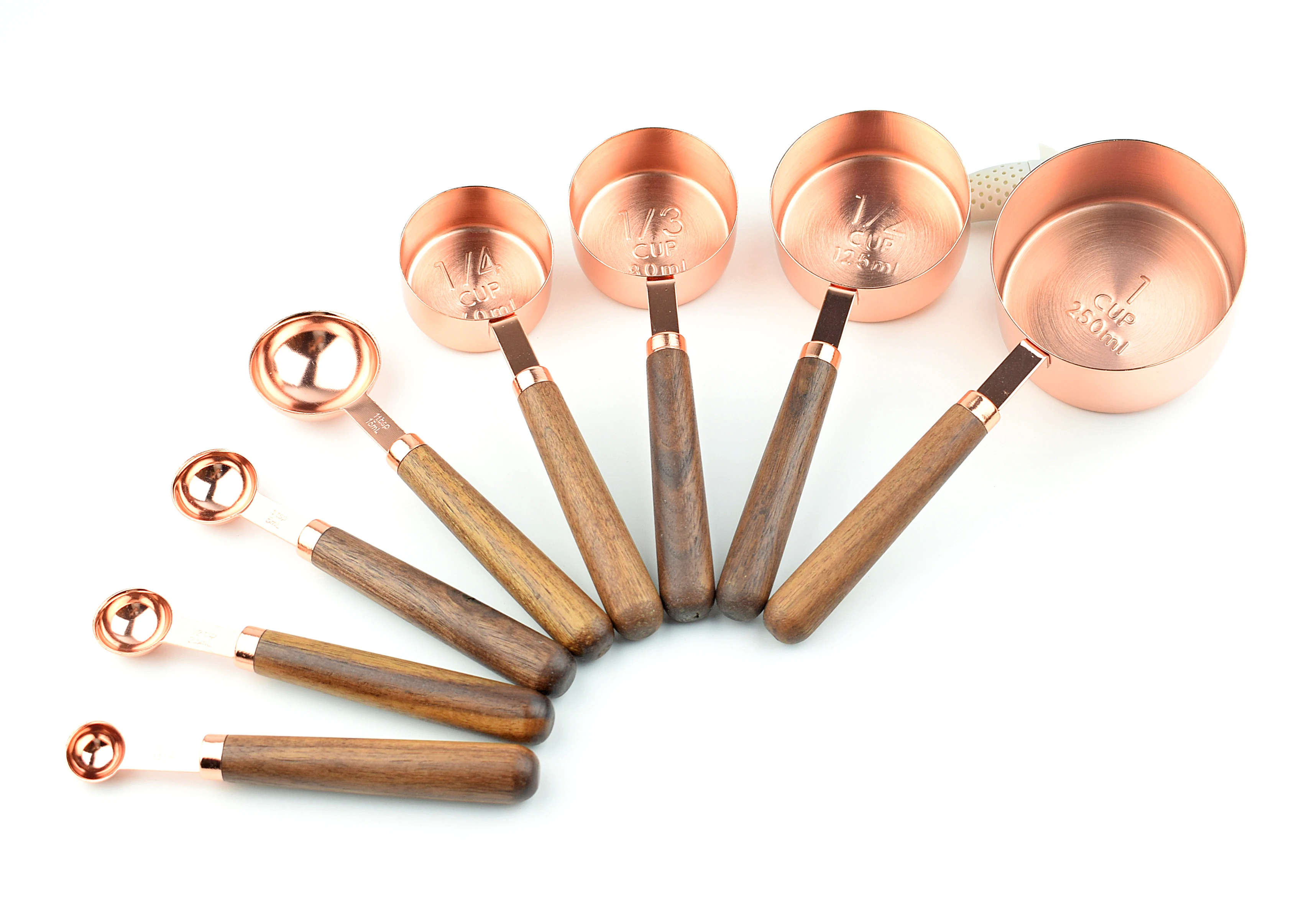 Amazon hot sale kitchen accessories 2019 new gadgets 4 pcs wooden handle rose gold measuring cup and spoon