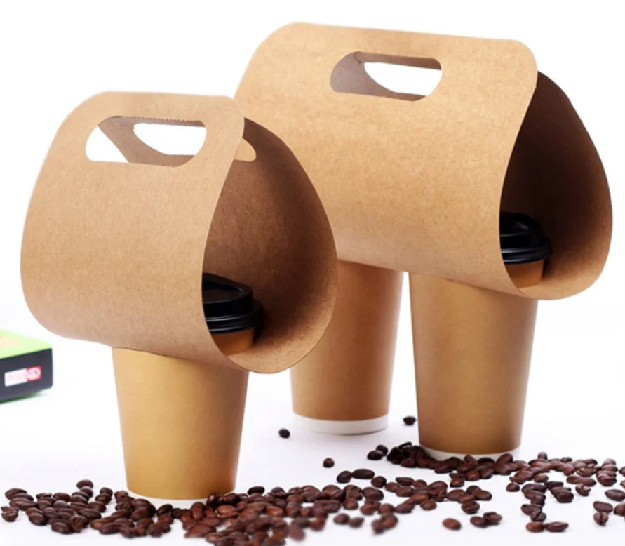 2 Cup Carrier Kraft Paper Cup Carrier Tray Take away Boba Tea Coffee Packaging Cup Carrier Paper Holder  Disposable