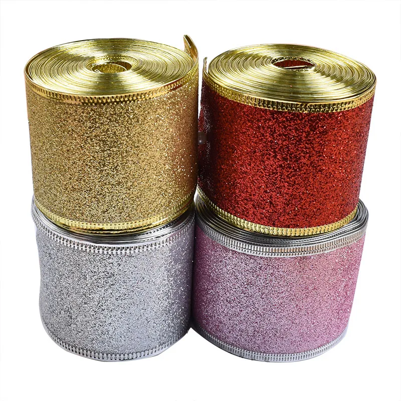50mm Gold Wire Edge Metallic glitter ribbon Polyester Ribbon Roll Christmas ribbons For Decoration