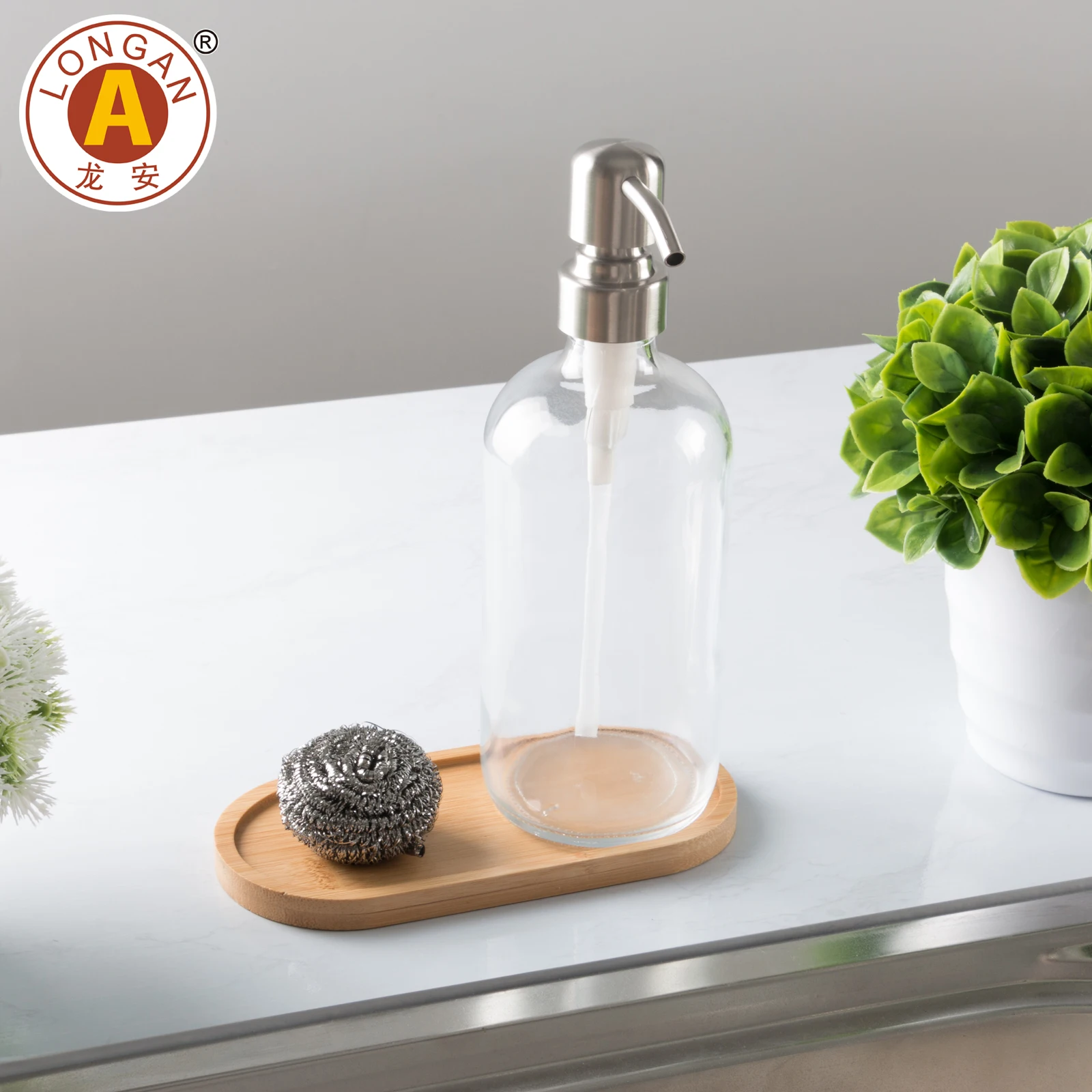 Factory Direct Detergent Golden Liquid And Glass Soap Dispenser Set With Stainless Steel Pump For Hand Gel