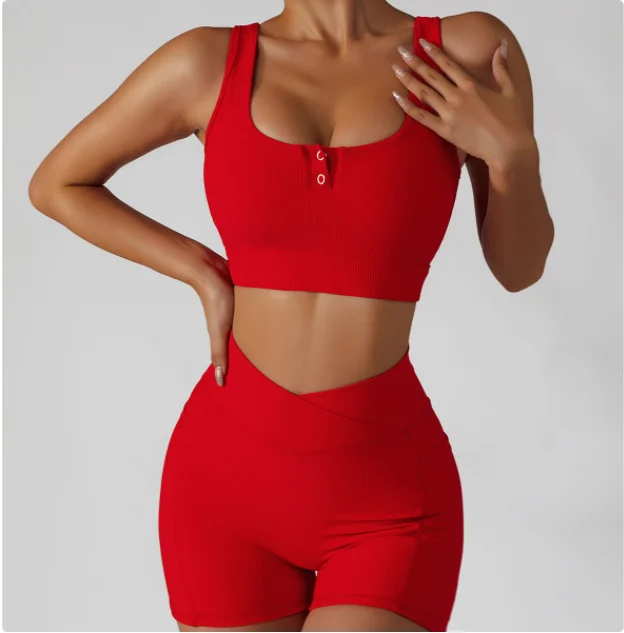 Pashasunshine Front Button Crop Top Shorts Sets Ribbed Seamless Fitness Wear Plain Workout Bra V Shorts Sets Yoga Wear