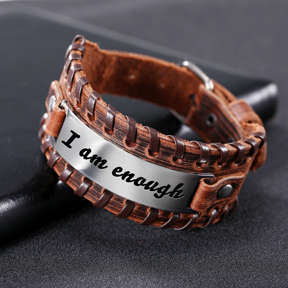 2019 Stainless Steel Engraved Bracelet Personalized bracelet men leather Inspirational Cuff Bangle For Gift