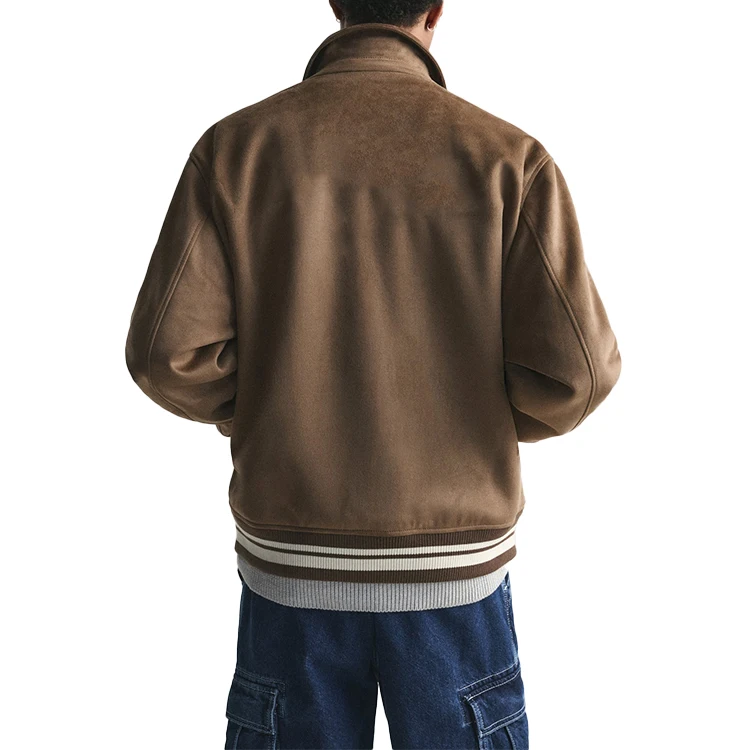 Men faux suede bomber jacket with patch and embroidery ribbed trims snap button front