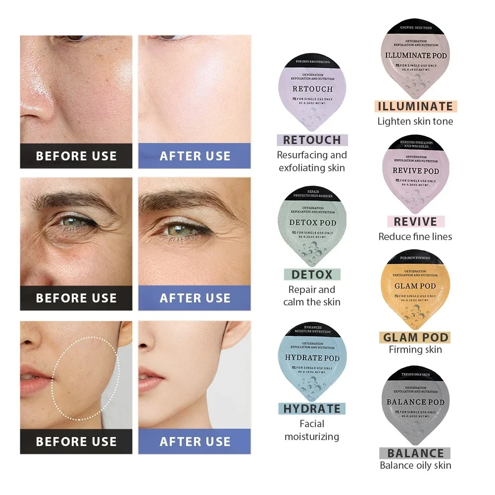 Newest Oxygen Charcoal 7 Types Pods Detox Glam Hydrate Co2 Capsule Serum Bubble Facial Kit 3 in 1 Skin Rejuvenation
