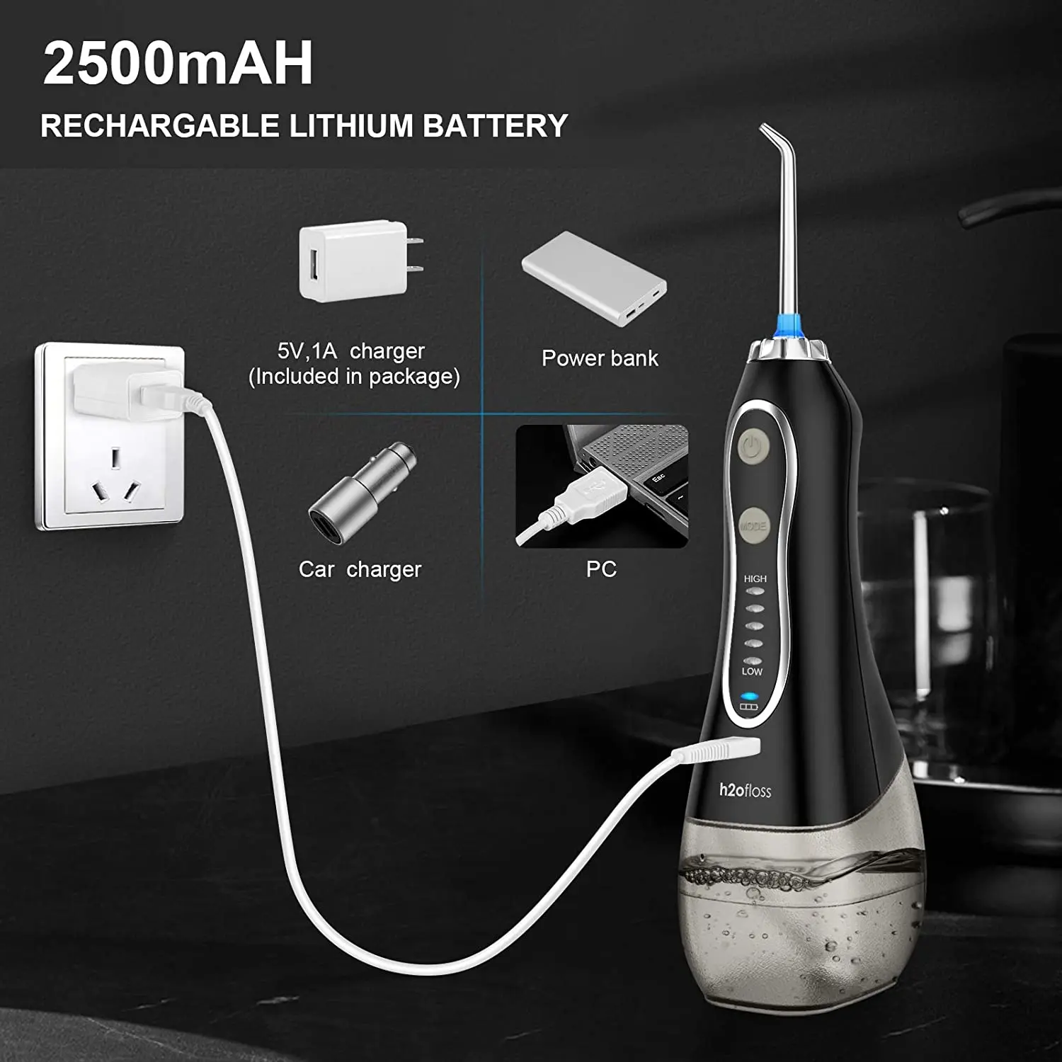 Rechargeable and portable water flosser with 5 tips and nozzle case for personal teeth cleaning diy