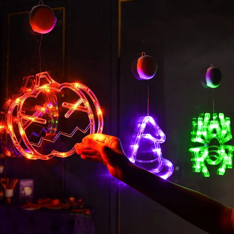 Battery Operated Suction Cup Pumpkin Spider Web Hat Bat Halloween Decorations Window Lights Home Festival Hanging Lights Lamps