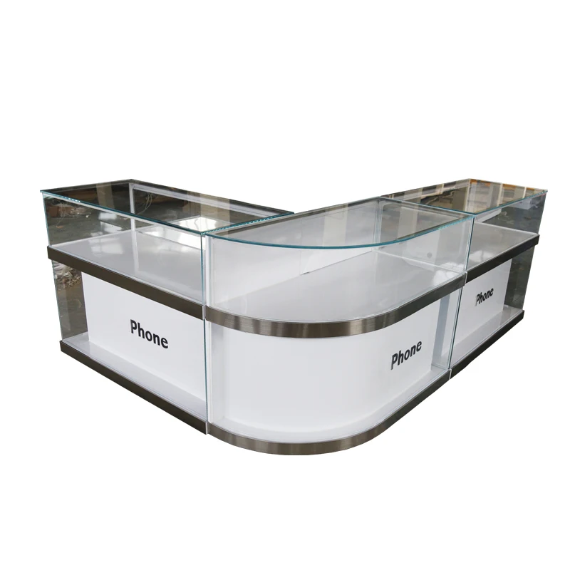 Заводская изготовленная на заказ стеклянная косметическая витрина со светодиодным освещением Большой Угловой шкаф металлический счетчик для телефона