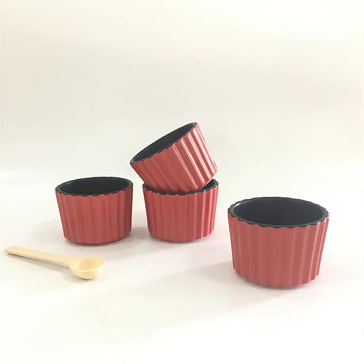 High grade red inside black outside high quality striped circular kitchen baked cake ceramics pudding ramekin bowl