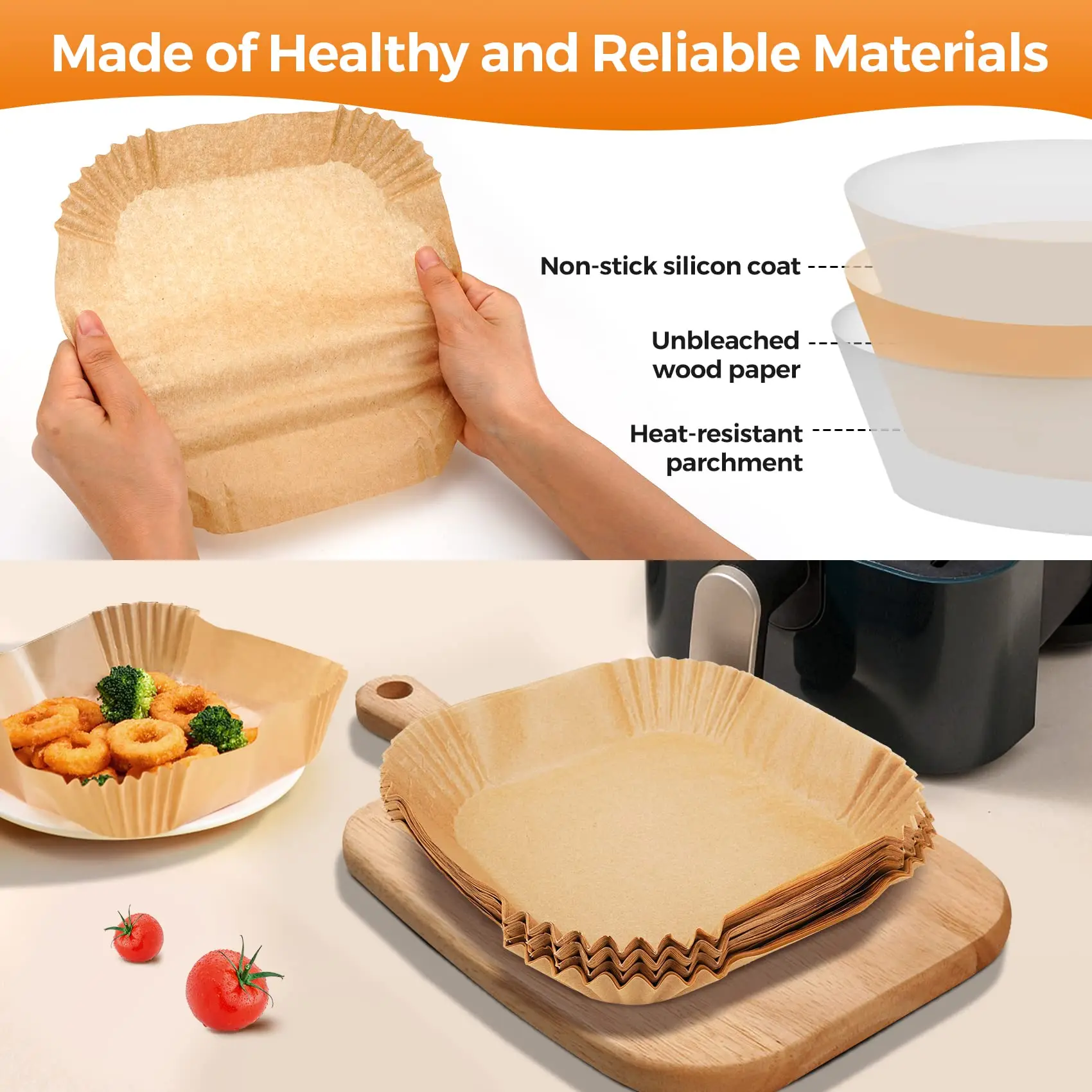 Disposable Air Fryer Paper Liners Square Liners for Air Fryer, Grease and Water Proof Non Stick Basket Parchment Paper